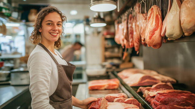 Joyful butcher smiling while preparing fresh meats in a lively local market
