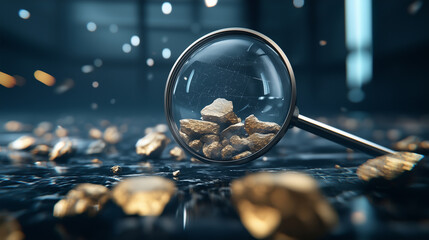 A futuristic scene featuring rare earth minerals under a magnifying glass, symbolizing global competition and the strategic importance of these elements.