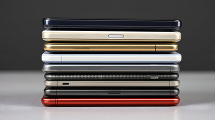 side view of multiple colors smartphones stacked, technology gadgets, mobile phones