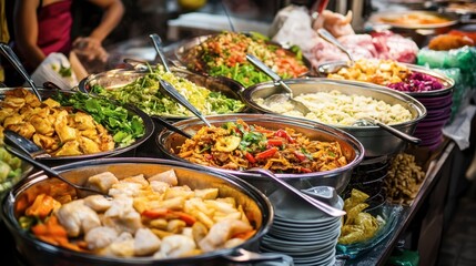 Obraz premium A food market stall displaying a variety of international dishes, from Thai pad Thai to Mexican enchiladas, surrounded by colorful ingredients.