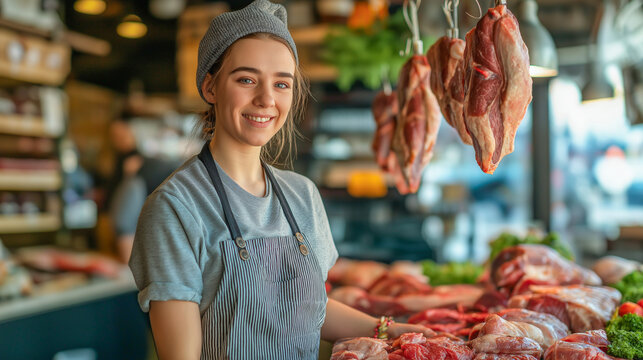 Young butcher in a market displaying fresh meats and smiling at customers