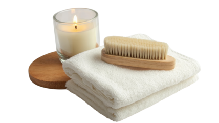 Relaxation setup featuring a candle, towels, and a wooden brush for a calming experience at home