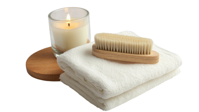 Relaxation setup featuring a candle, towels, and a wooden brush for a calming experience at home