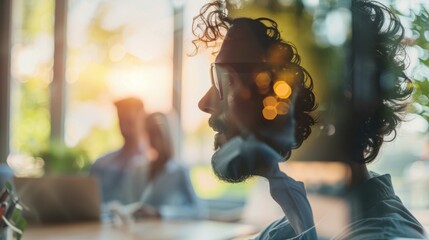 Naklejka premium Work-Life Balance: An individual balancing work and personal life, with a double exposure of an office scene blending into family activities, symbolizing harmony. 