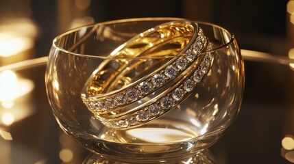 A gold ring with diamonds, elegantly placed in a small glass container.