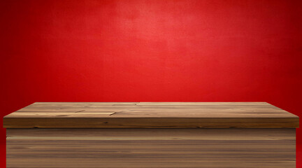Beautiful empty wooden table, red wall background.