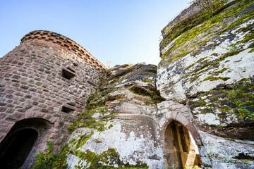 View of the Altdahn castle massif. Medieval rock castle in the Palatinate region.