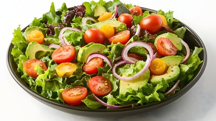 Fresh salad with avocado, tomatoes, lettuce and red onion, healthy and delicious. Vegetarian meal option.