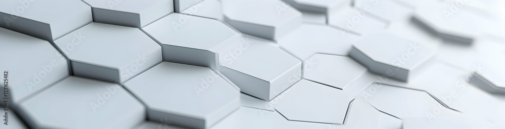 Poster a white background with hexagons and lines in the bottom right corner, representing data technology