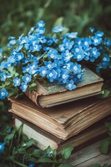 Stack of books with blue flowers on top, ideal for literary or educational settings