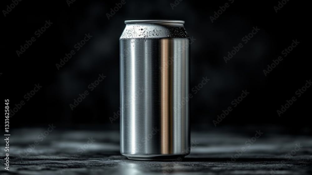 Poster a metallic aluminum can sits in a dark environment, highlighting its sleek surface with droplets of 