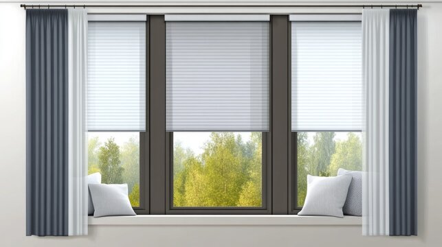 Flat vector depiction of various window treatments including curtains blinds shutters and roller jalousies in a cozy home setting