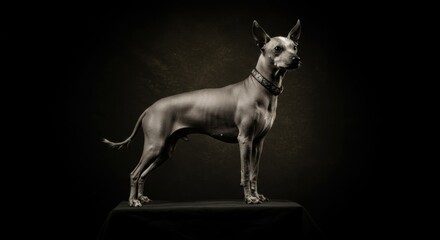 Obraz premium Elegant peruvian hairless dog portrait showcasing a sleek breed against a dark, textured background