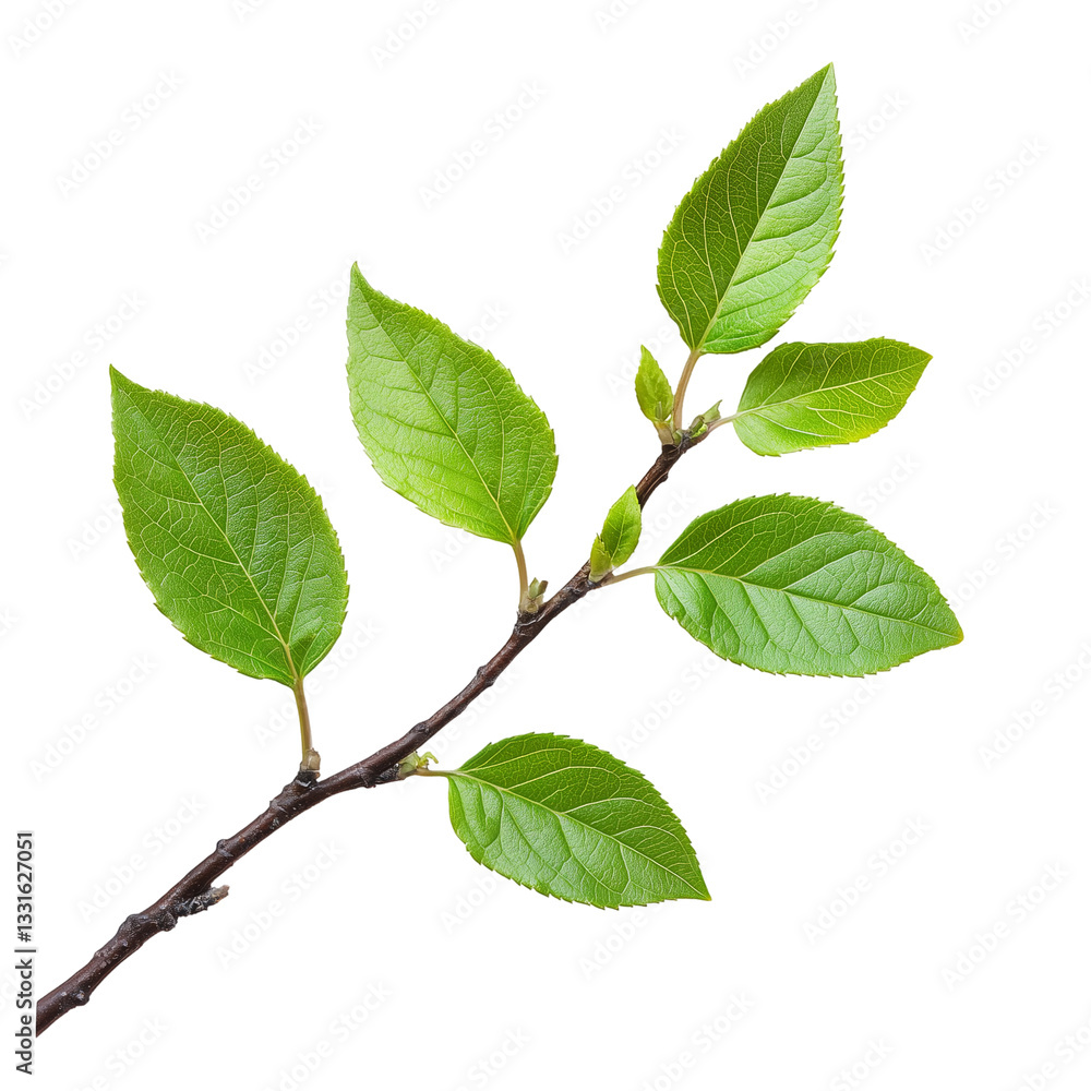 Poster fresh green leaves sprouting from a branch isolated on transparent background