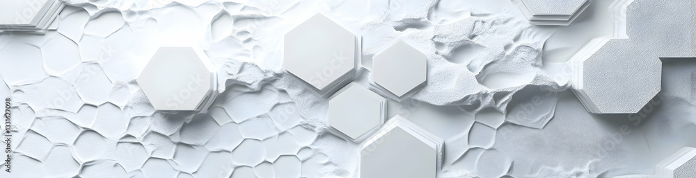 Poster a white background with hexagons and lines in the bottom right corner, representing data technology