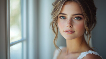 Stunning bridal portrait of bride standing near window with soft natural light