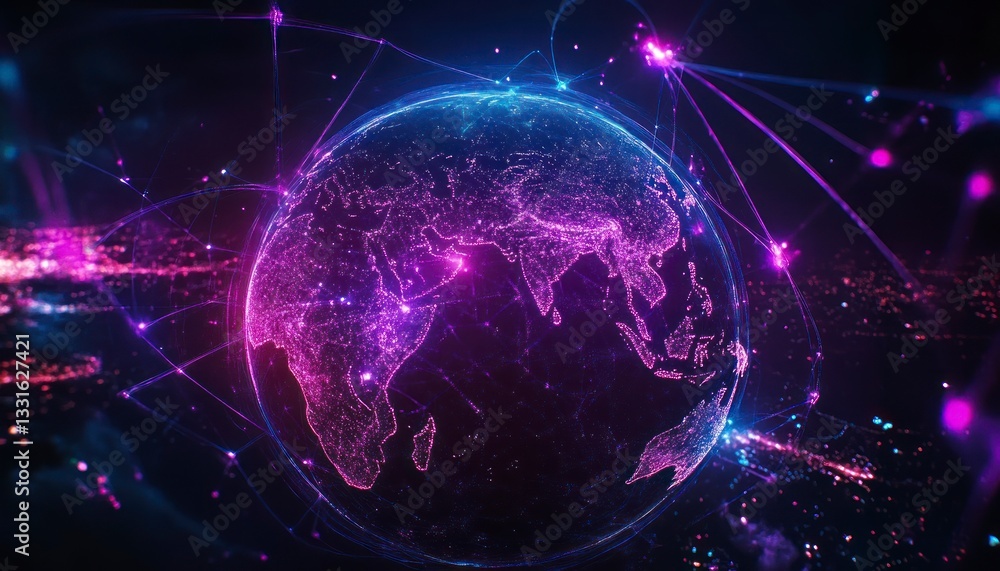 Poster global network connection represented by digital earth with glowing lines