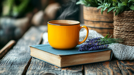 Steaming cup of tea in yellow mug resting on vintage book with lavender flowers and a knitted scarf on rustic wooden table, creating a cozy and relaxing atmosphere