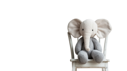 Soft gray elephant plush toy sitting on a wooden chair in a bright, minimalist room