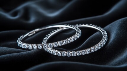 Fototapeta premium A pair of elegant small diamond bracelets placed on a fine black velvet surface for a contrasting effect.