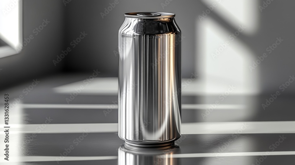 Poster a perfectly polished aluminum can stands upright on a striped surface. sunlight streams through a ne