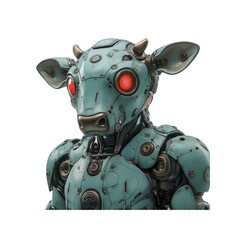 Naklejka premium Futuristic Calf Robot Mechanical Bovine with Glowing Red Eyes