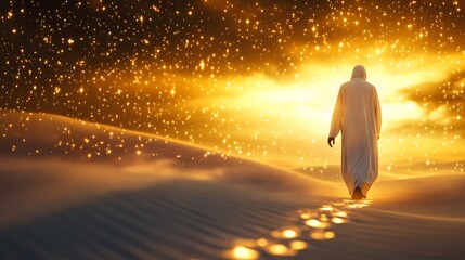 Journey Through the Mystic Sands: An enigmatic figure, robed in flowing white, treads across the luminous dunes, embarking on a transformative voyage toward the celestial horizon. 