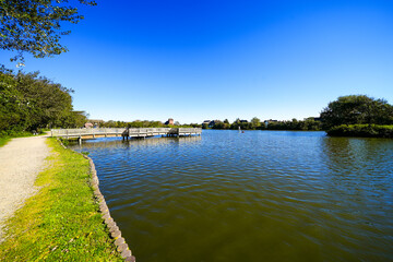 View of the village pond in Wenningstedt and the surrounding nature. Landscape by the water on the...