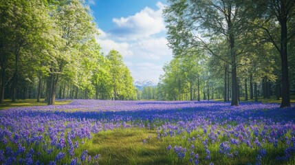 A picturesque scene of a tree-lined hill with blooming flowers on either side, creating a stunning landscape.