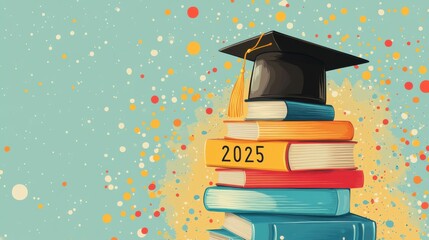 A whimsical illustration features a graduation cap atop a stack of colorful books, with the year "2025" prominently displayed on one book, set against a speckled, light blue background, celebrating gr
