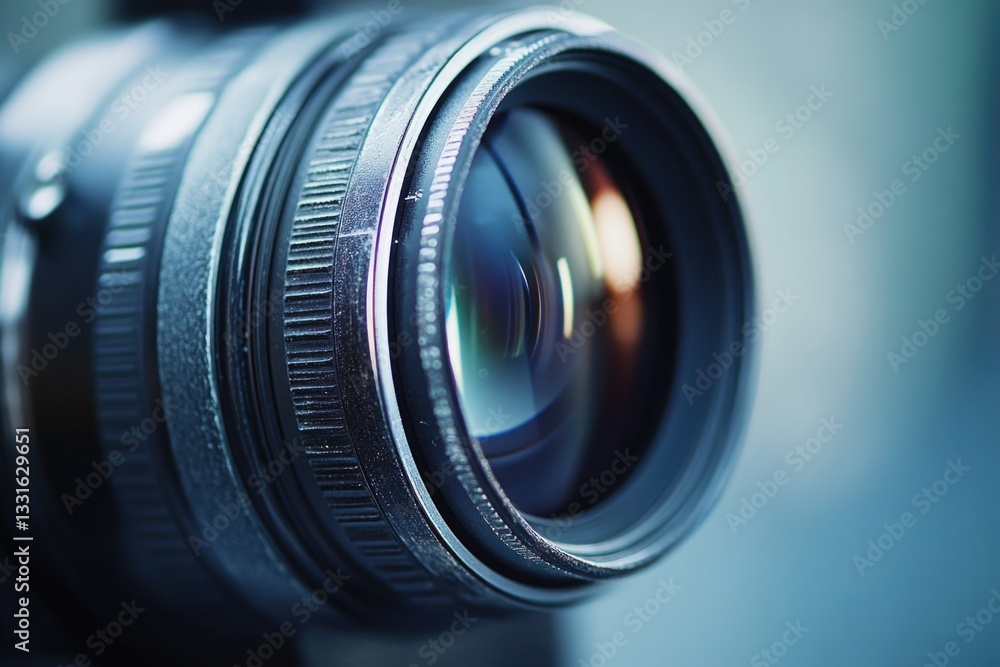 Poster a close-up shot of a camera lens with a blurred background, suitable for use in photography or techn