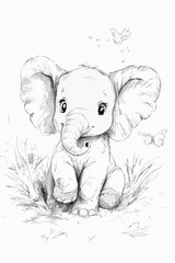 Obraz premium Cute Baby Elephant Sketch Whimsical Butterflies