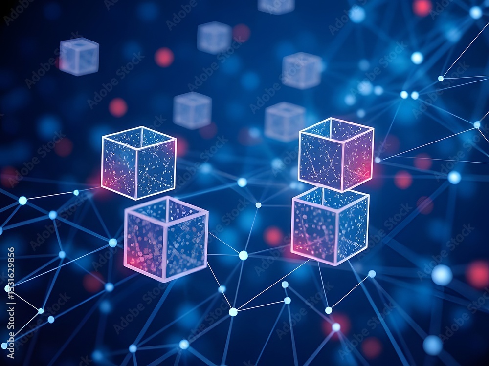 Poster futuristic blockchain technology concept, digital cubes and connections, data encryption, cryptocurr