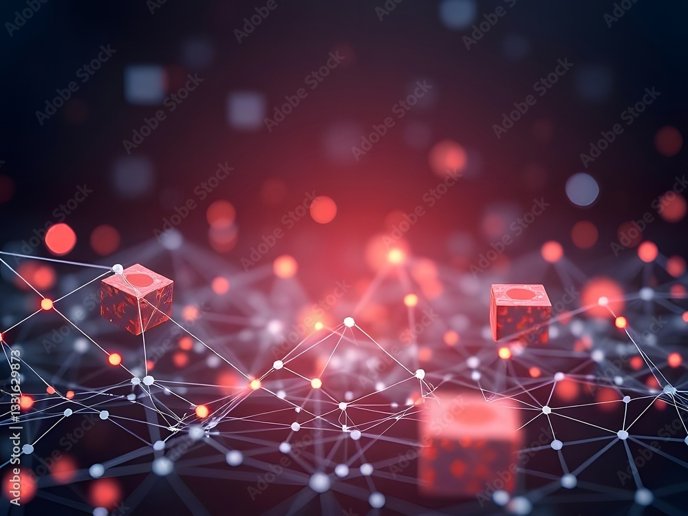 Poster abstract 3d render of digital network with cubes, nodes, connections, data flow, futuristic technolo
