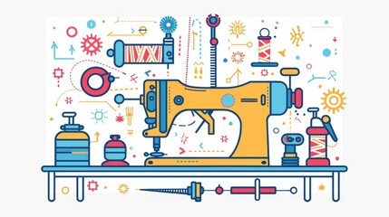 Colorful Sewing Machine and Tools Illustration