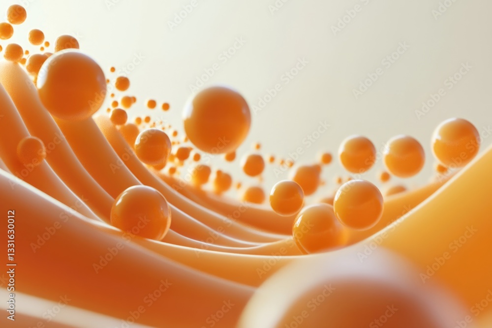 Poster a group of bright orange balls suspended in mid-air, with no visible strings or attachments