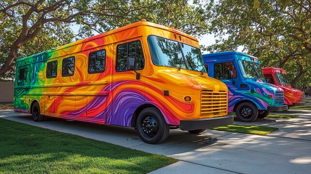 Vibrant ice cream trucks, candy-colored treat vendors on a transparent background