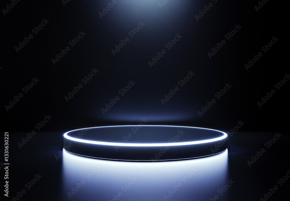 Poster illuminated round platform on dark background for product showcase and display