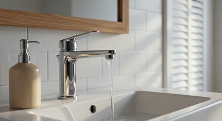 Chrome Faucet and White Sink in a Bright Modern Bathroom Interior Design