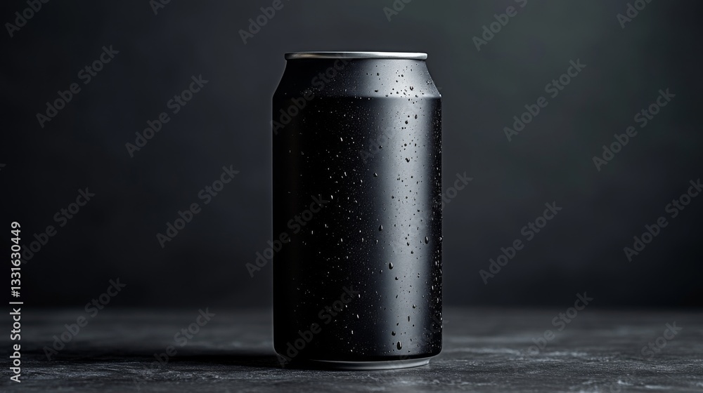 Poster a sleek black can sits alone on a dark textured surface, glistening with water droplets. the low lig