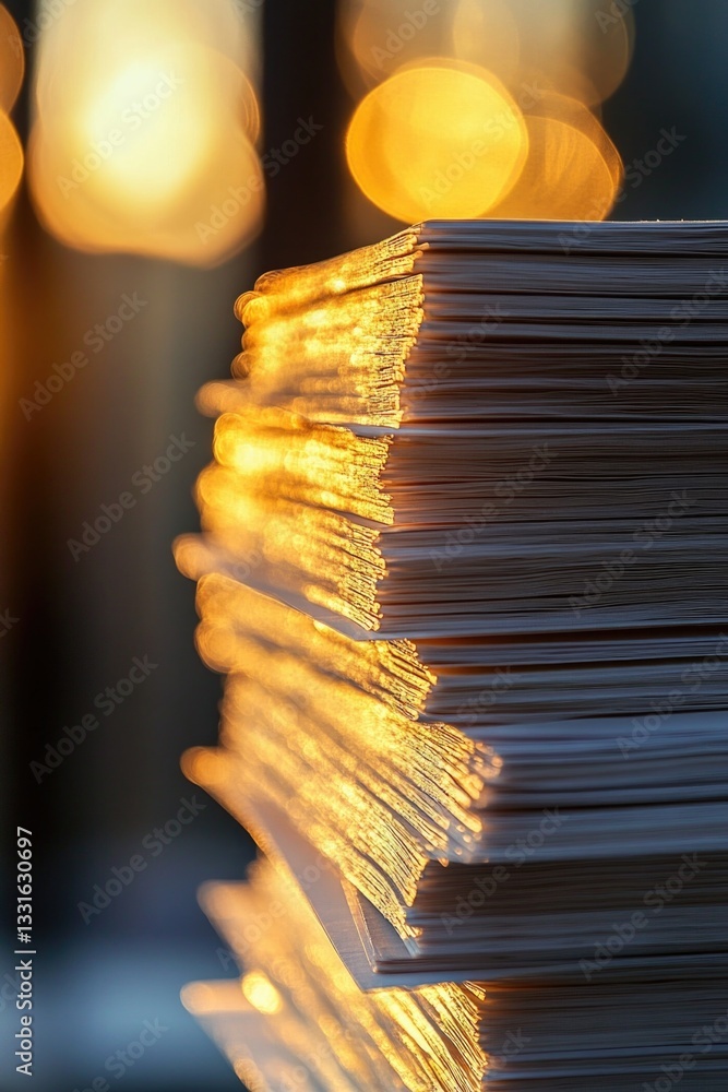 Poster A stack of papers sitting on a table with a simple and organized background