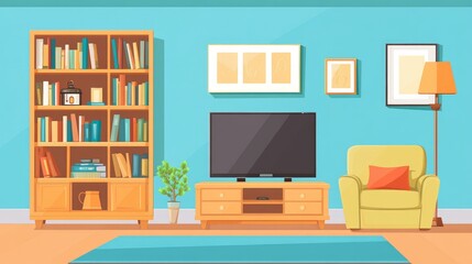 Flat vector illustration of a stylish living room interior featuring a sofa bookcase TV and decorative lamps