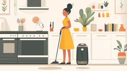 Illustrated woman in yellow dress vacuuming a modern kitchen with houseplants and minimalist decor in a warm, earthy color palette.