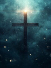 Fototapeta premium Cross Silhouette with Shining Light in Smoky Atmospheric Background, Good Friday background