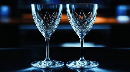 Two elegant crystal goblets with intricate cut patterns, standing side-by-side on a glossy surface against a blurred, softly lit background.