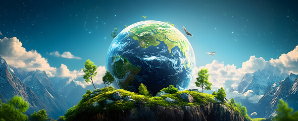 Earth globe illustration on with plants copy space banner ecological earth day hour safe trees mountains environmental problems on blue background