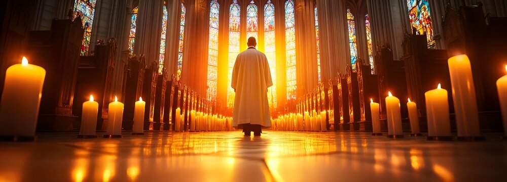 Solitary Figure in Sacred Space: A figure stands in a church interior, bathed in the soft glow of candlelight and stained-glass windows, representing solitude and contemplation.
