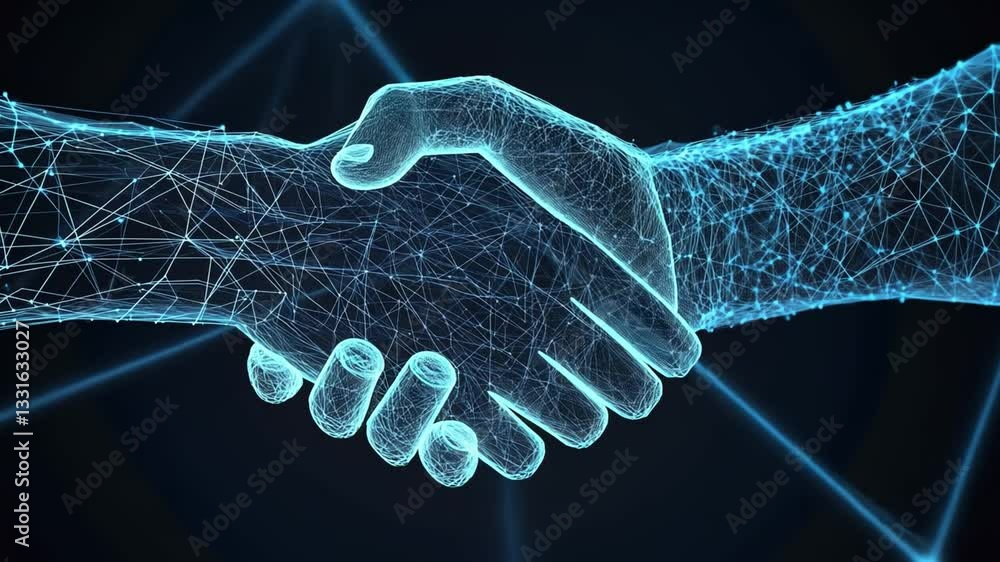 Poster digital handshake symbol of partnership and collaboration in technology, showcasing trust, innovatio