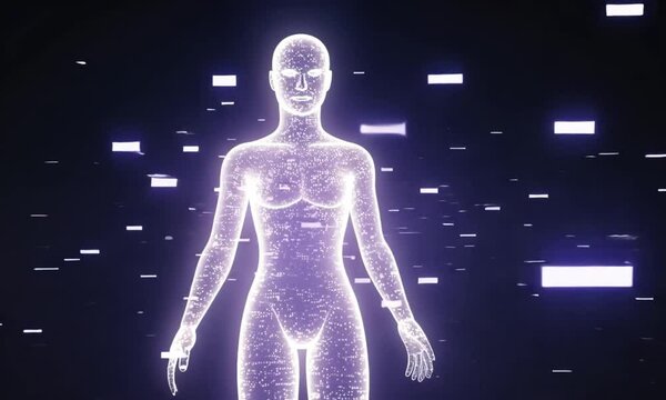 High-resolution 4K footage of digital female mannequins presented as 3D holograms