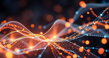 Abstract digital network data visualization with glowing dots and lines, futuristic background, cyber space design, big data.